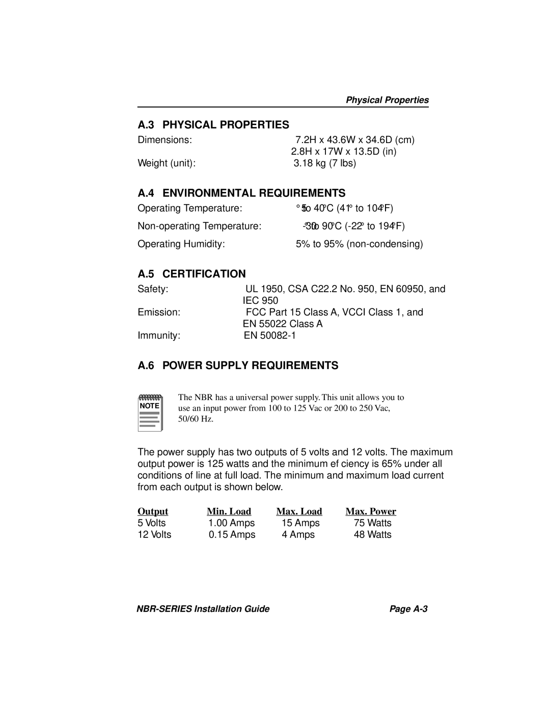 Cabletron Systems NBR-620 manual Physical Properties, Environmental Requirements, Certification, Power Supply Requirements 