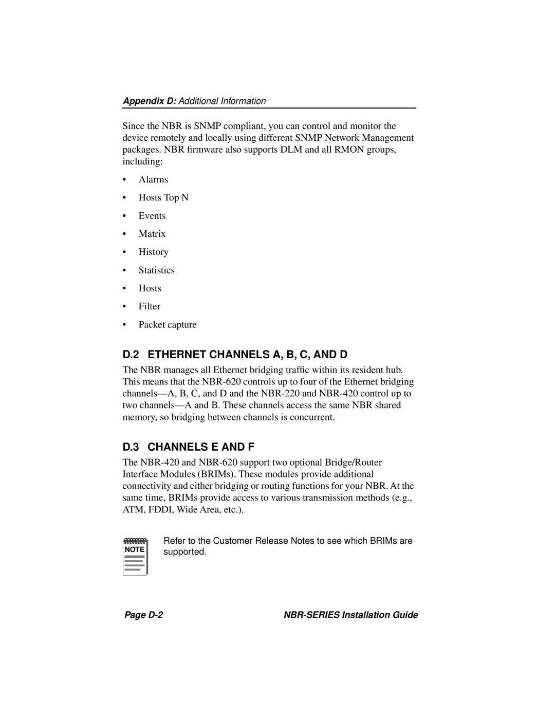 Cabletron Systems NBR-220, NBR-420, NBR-620 manual Ethernet Channels A, B, C, and D, Channels E and F 