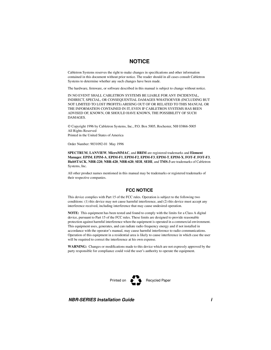 Cabletron Systems NBR-620, NBR-420, NBR-220 manual Fcc Notice, NBR-SERIES Installation Guide 