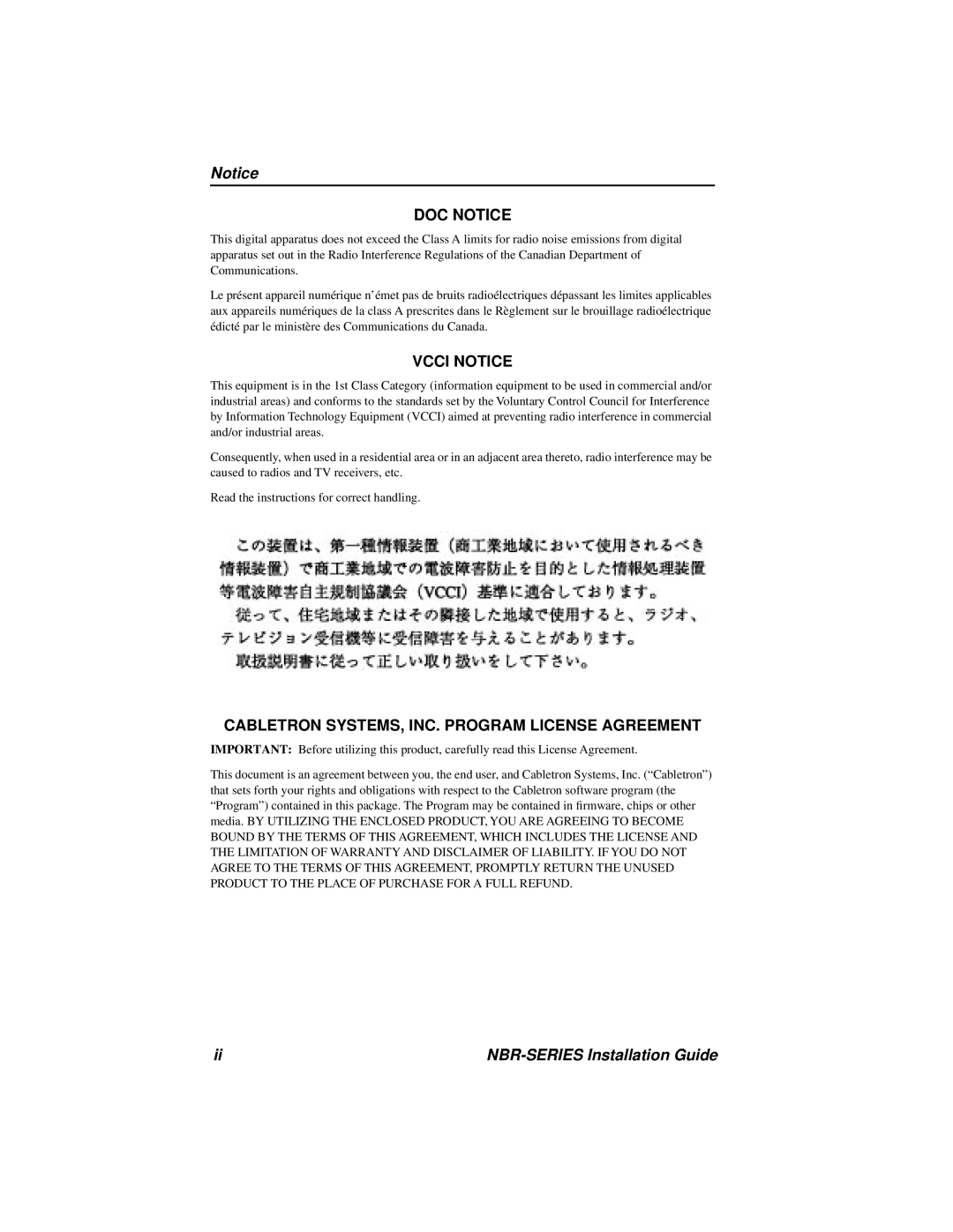 Cabletron Systems NBR-420, NBR-220, NBR-620 manual Doc Notice, Vcci Notice, Cabletron Systems, Inc. Program License Agreement 