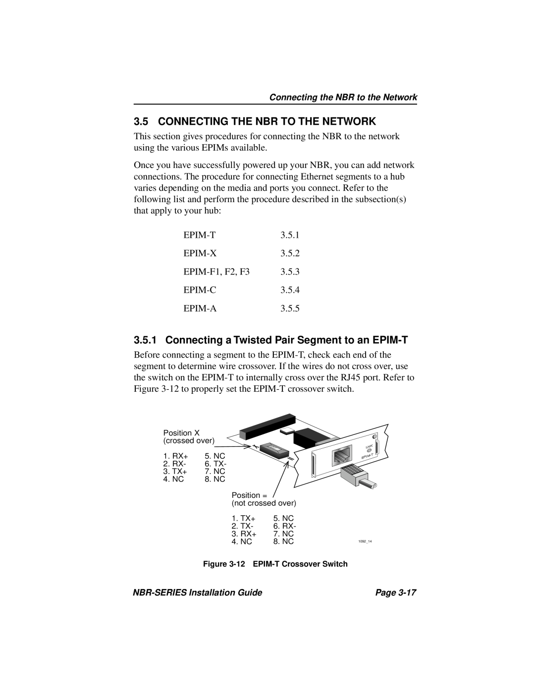 Cabletron Systems NBR-220, NBR-420 manual Connecting The Nbr To The Network, Connecting a Twisted Pair Segment to an EPIM-T 