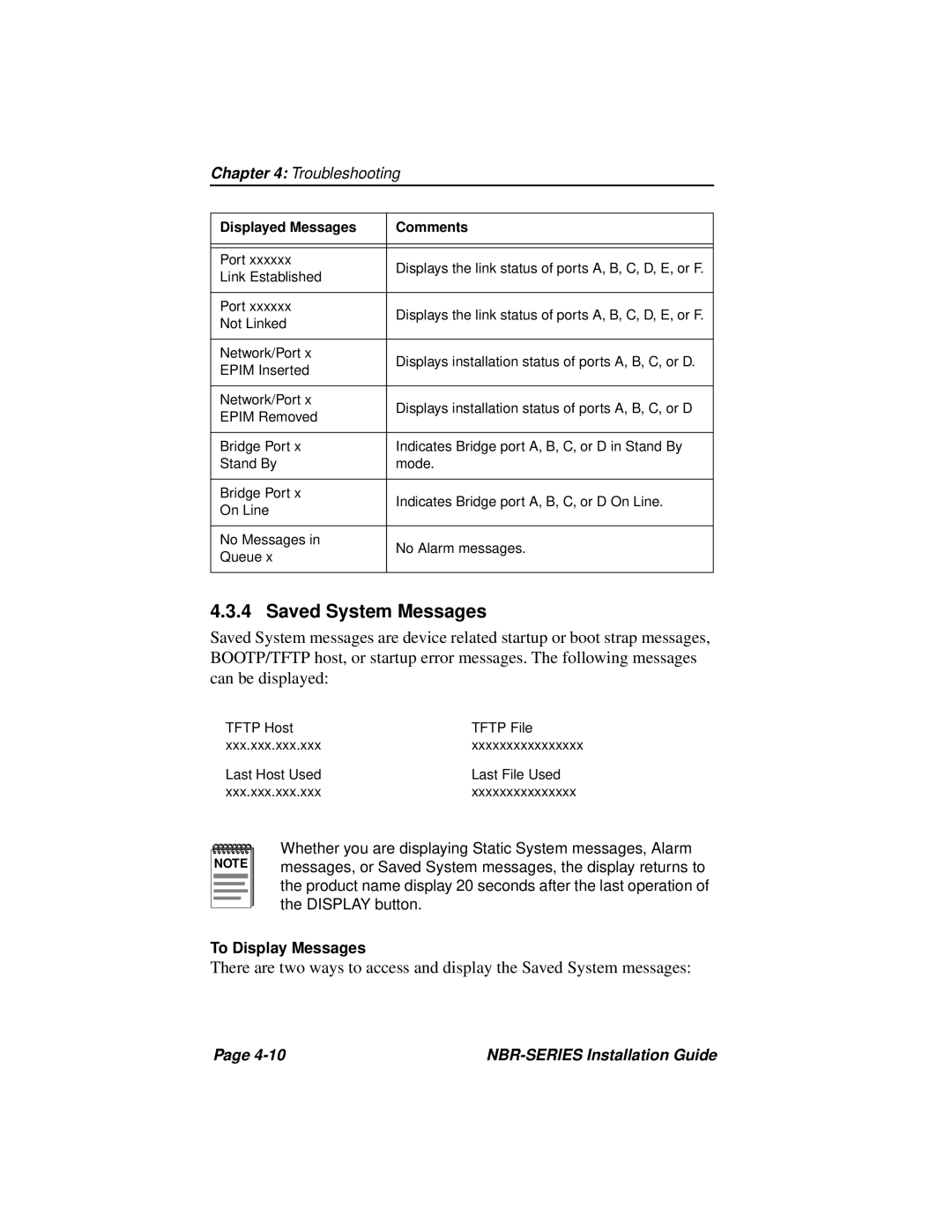 Cabletron Systems NBR-420 Saved System Messages, Troubleshooting, To Display Messages, Page, NBR-SERIES Installation Guide 