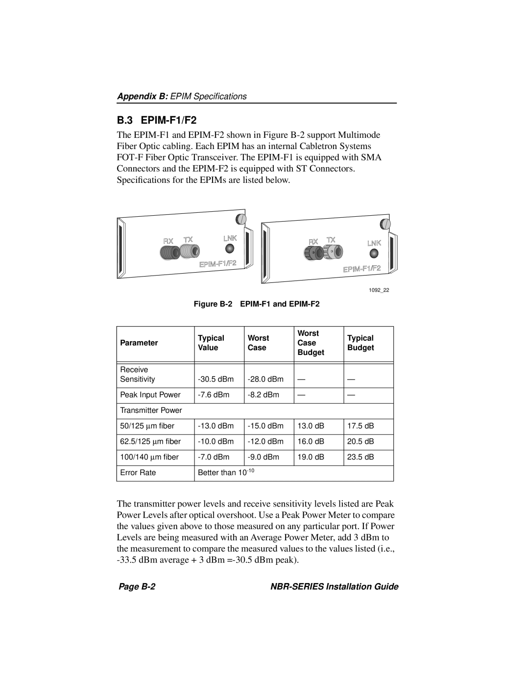 Cabletron Systems NBR-220, NBR-420, NBR-620 manual B.3 EPIM-F1/F2, Appendix B EPIM Speciﬁcations 