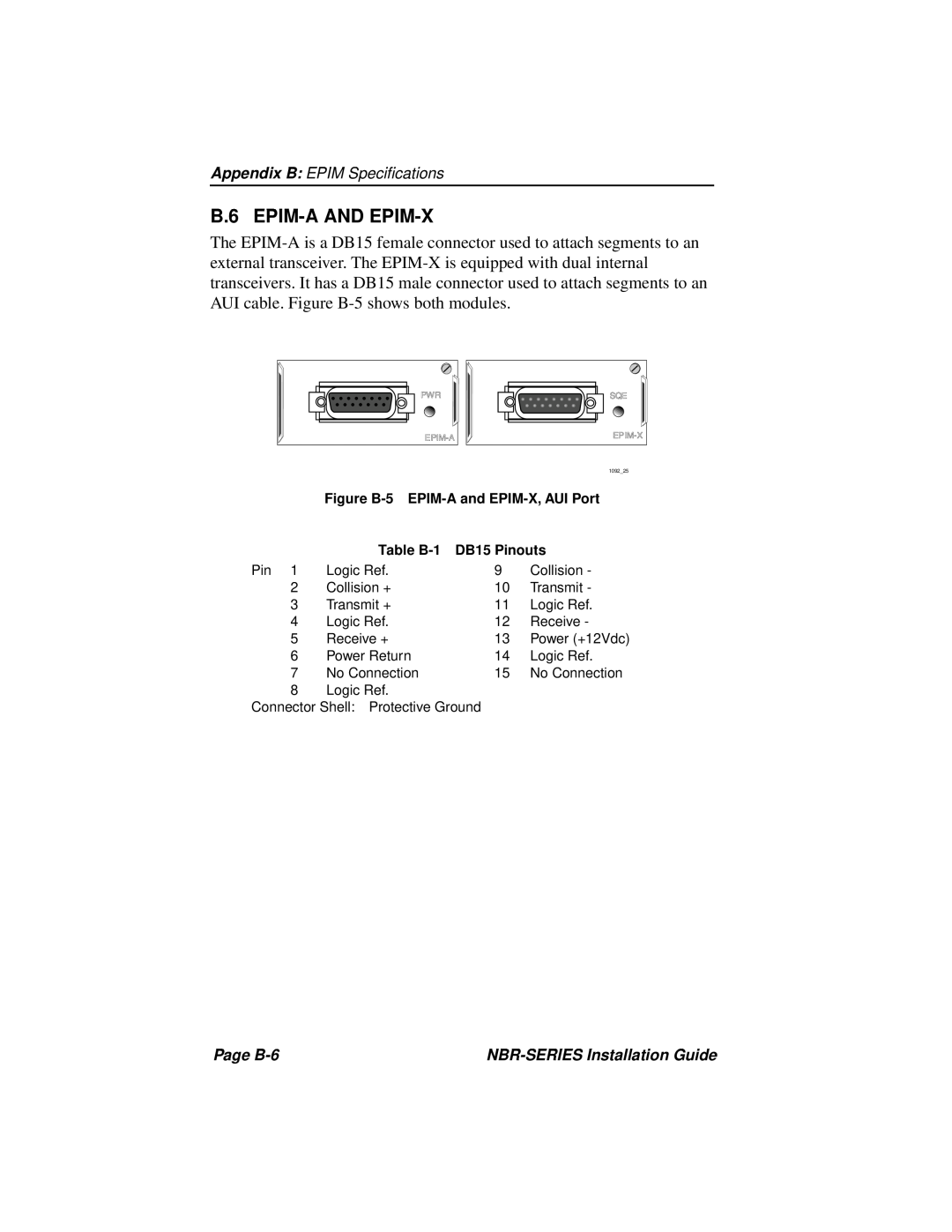 Cabletron Systems NBR-620, NBR-420 B.6 EPIM-A AND EPIM-X, Figure B-5 EPIM-A and EPIM-X, AUI Port, Table B-1, DB15 Pinouts 