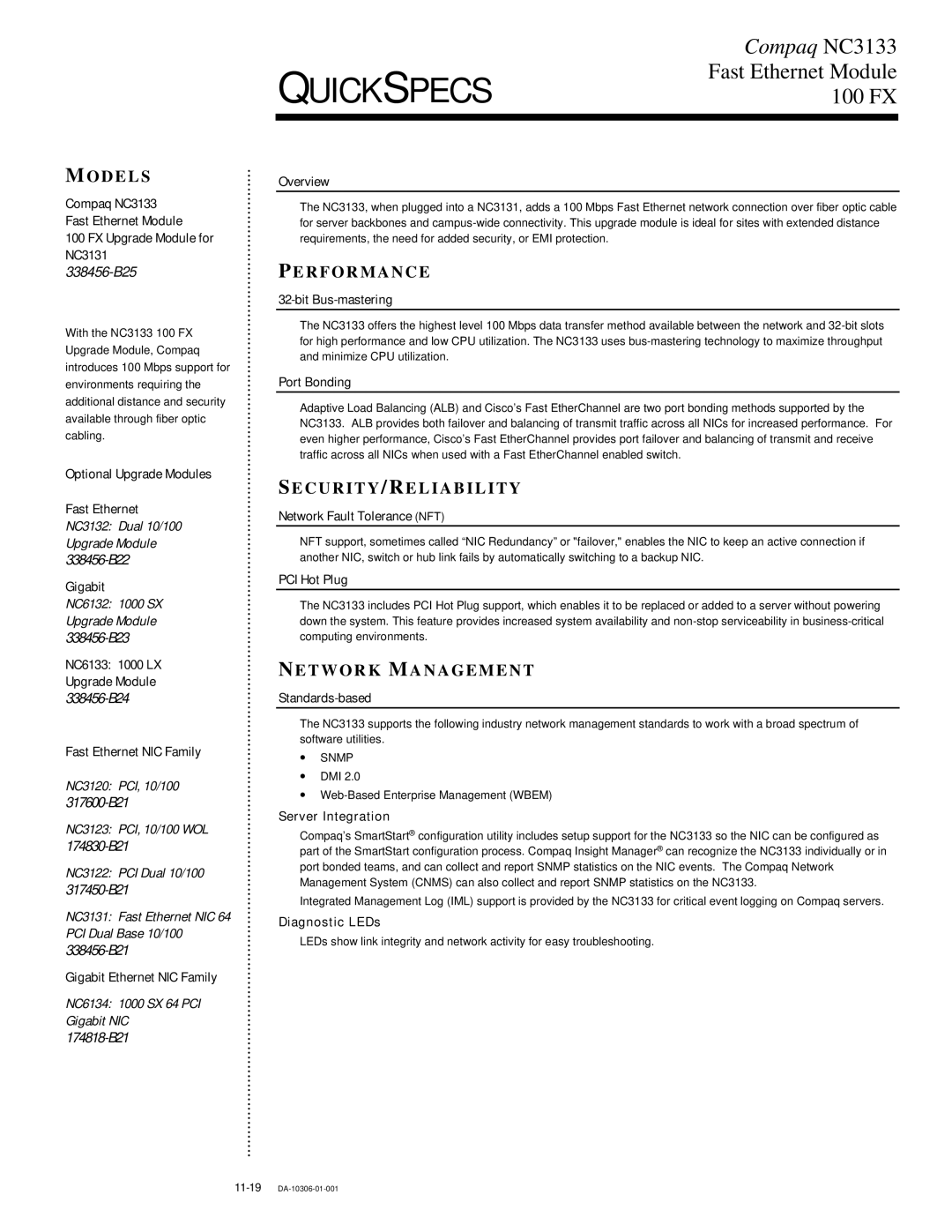 Cabletron Systems NC3133 manual Odels, PER Formance, Secur ITY /RELIABILITY, Network Management 