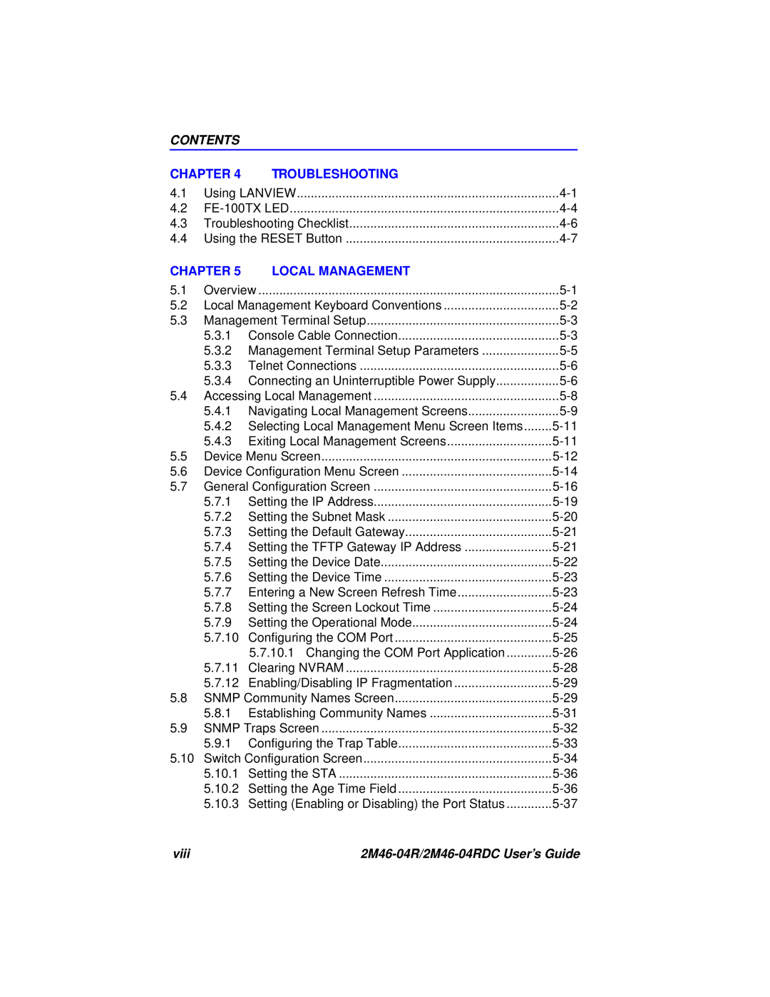 Cabletron Systems pmn manual Contents, Chapter, Troubleshooting, Local Management, viii, 2M46-04R/2M46-04RDC User’s Guide 