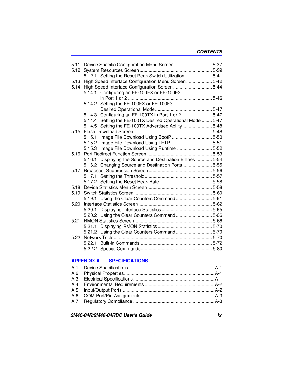 Cabletron Systems pmn manual Contents, Appendix A, Specifications, 2M46-04R/2M46-04RDC User’s Guide 