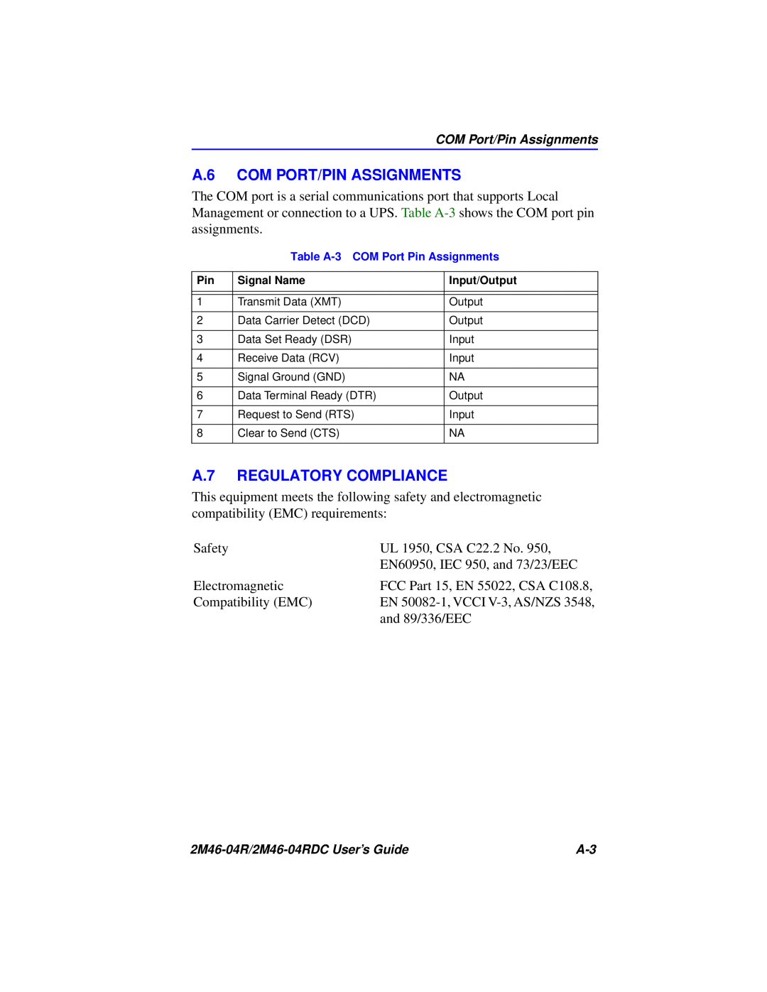 Cabletron Systems pmn manual A.6 COM PORT/PIN ASSIGNMENTS, A.7 REGULATORY COMPLIANCE 