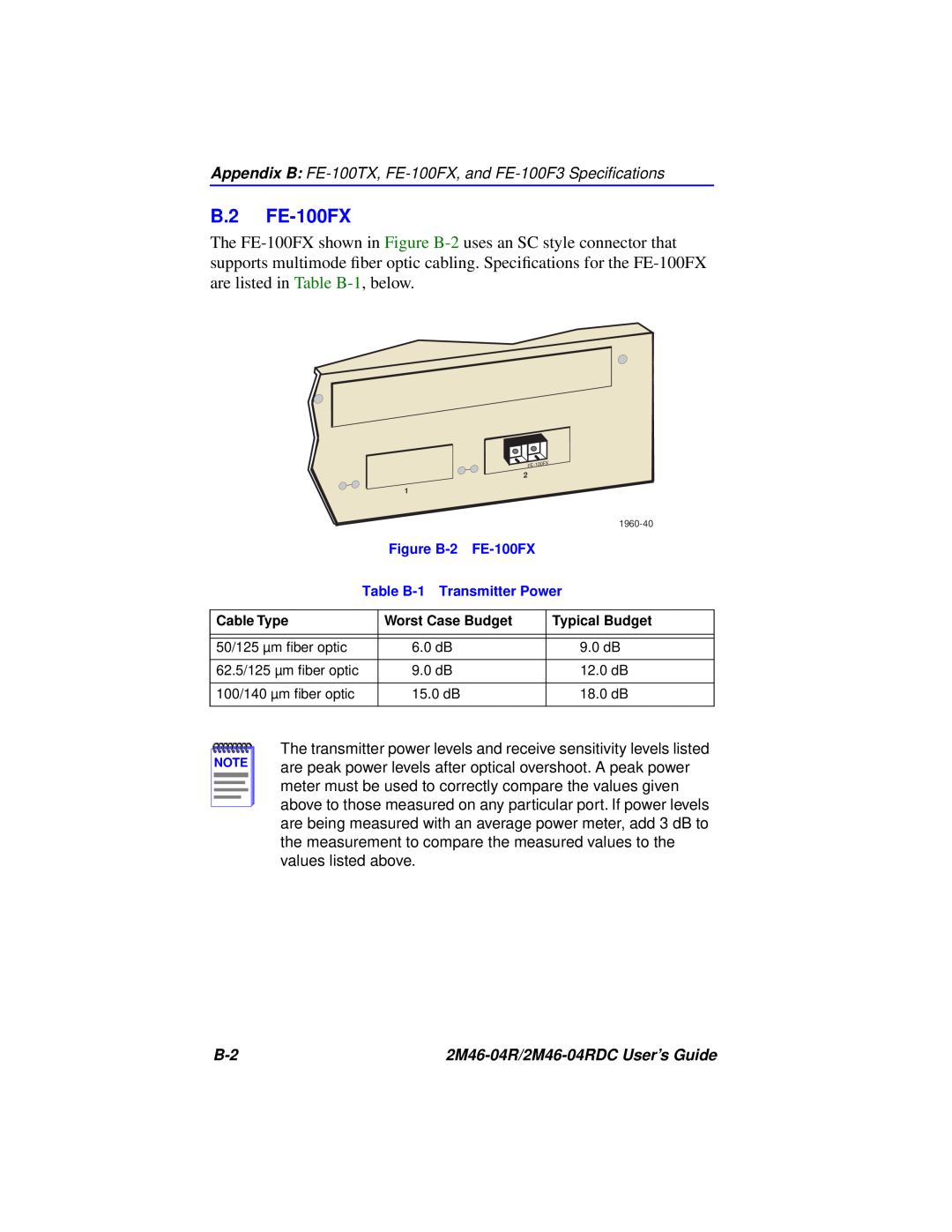 Cabletron Systems pmn manual B.2 FE-100FX, Appendix B FE-100TX, FE-100FX, and FE-100F3 Speciﬁcations 