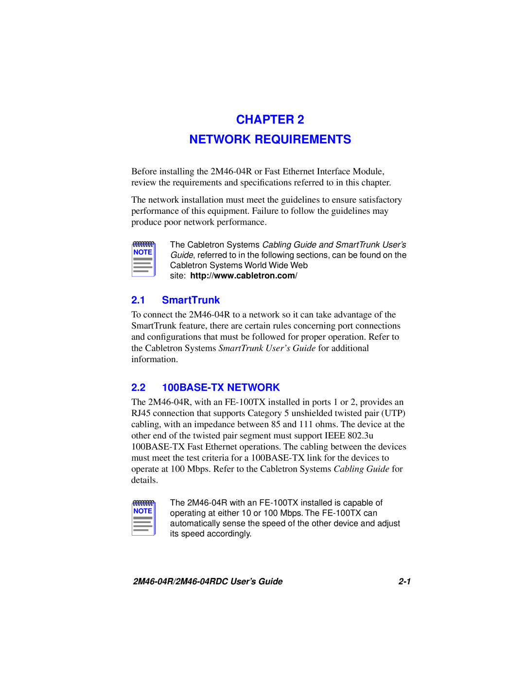 Cabletron Systems pmn manual Chapter Network Requirements, SmartTrunk, 2.2 100BASE-TX NETWORK 