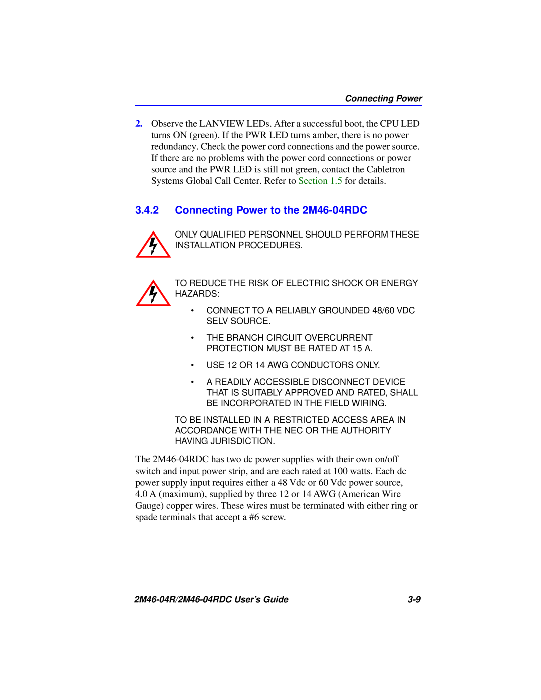 Cabletron Systems pmn manual Connecting Power to the 2M46-04RDC 
