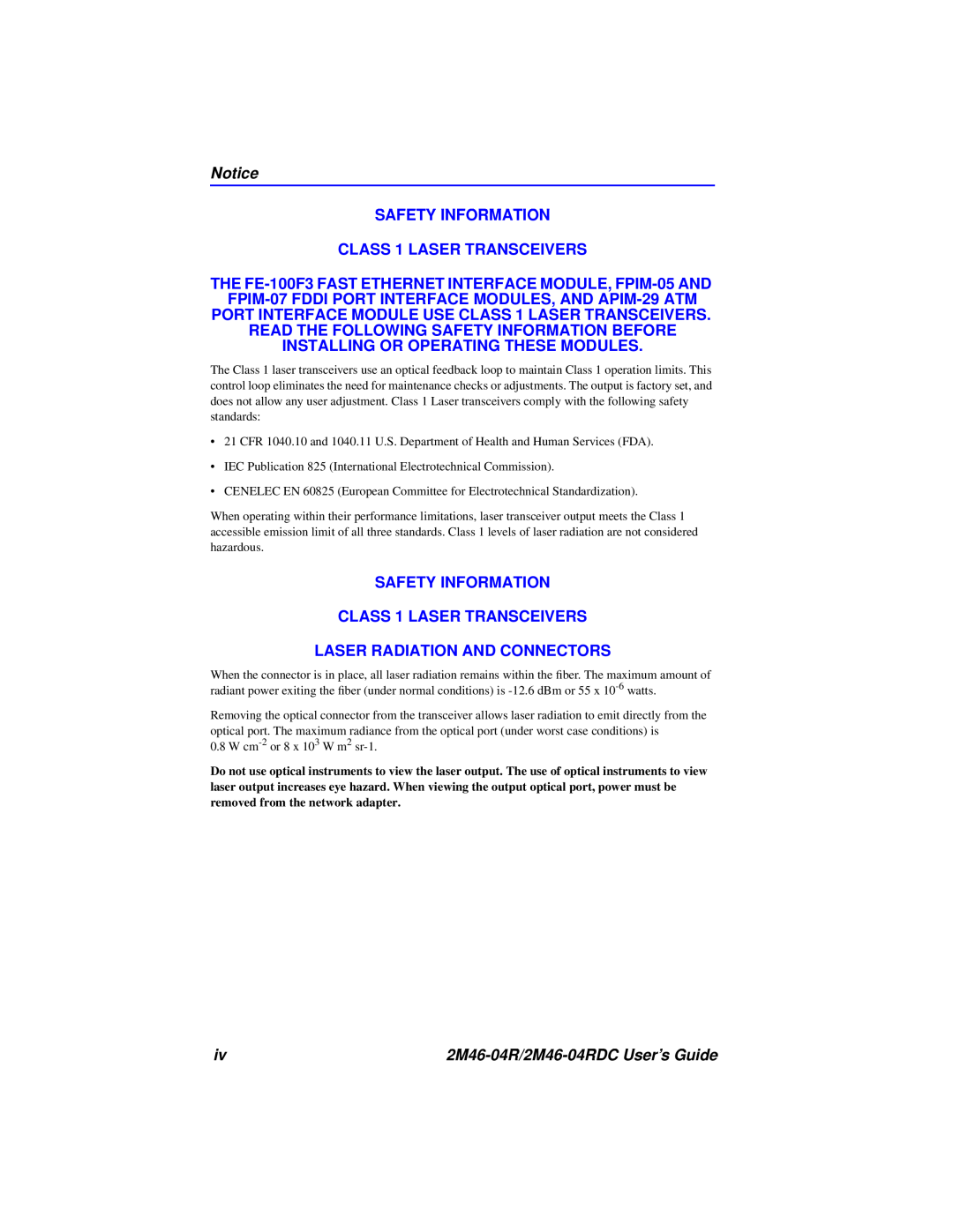 Cabletron Systems pmn manual SAFETY INFORMATION CLASS 1 LASER TRANSCEIVERS, Laser Radiation And Connectors 
