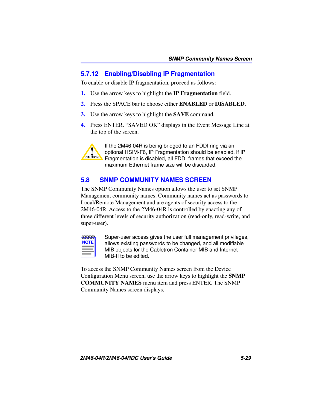 Cabletron Systems pmn manual Enabling/Disabling IP Fragmentation, Snmp Community Names Screen 