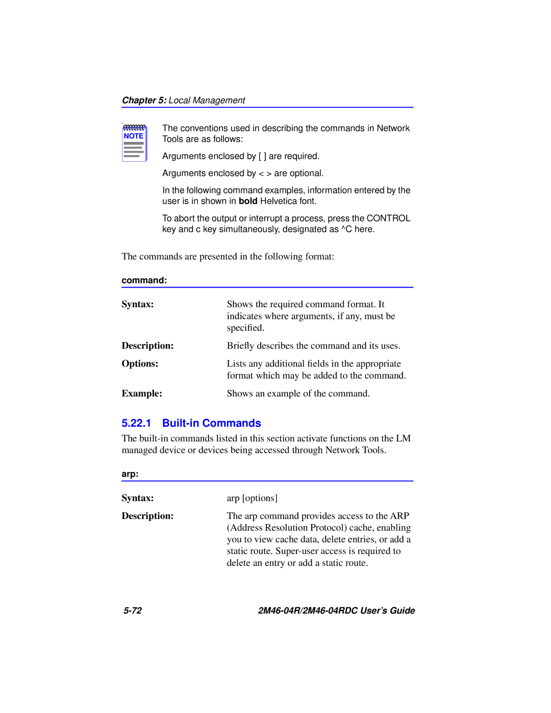 Cabletron Systems pmn manual Built-in Commands, Syntax Arp options 