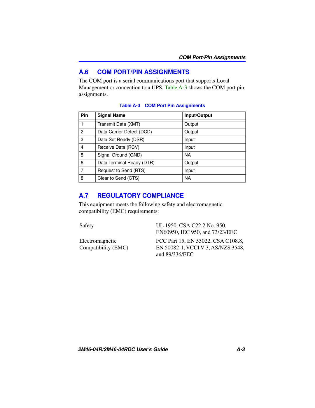 Cabletron Systems pmn manual COM PORT/PIN Assignments, Regulatory Compliance 