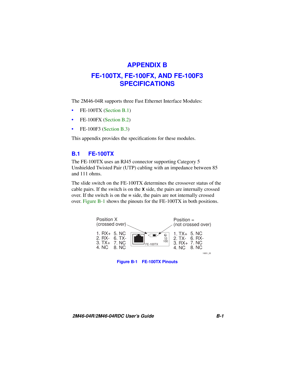 Cabletron Systems pmn manual Figure B-1 FE-100TX Pinouts 