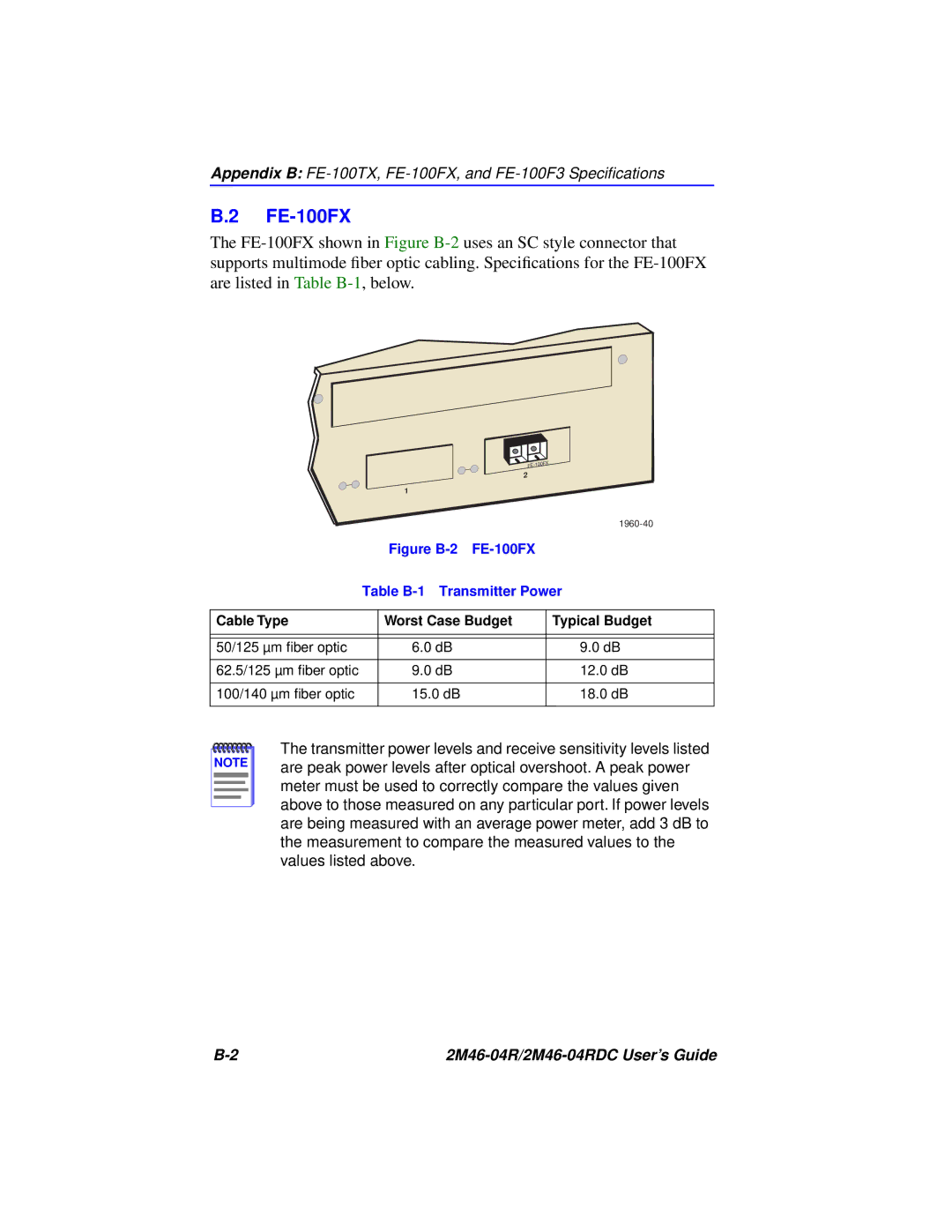 Cabletron Systems pmn manual Figure B-2 FE-100FX Table B-1 Transmitter Power 