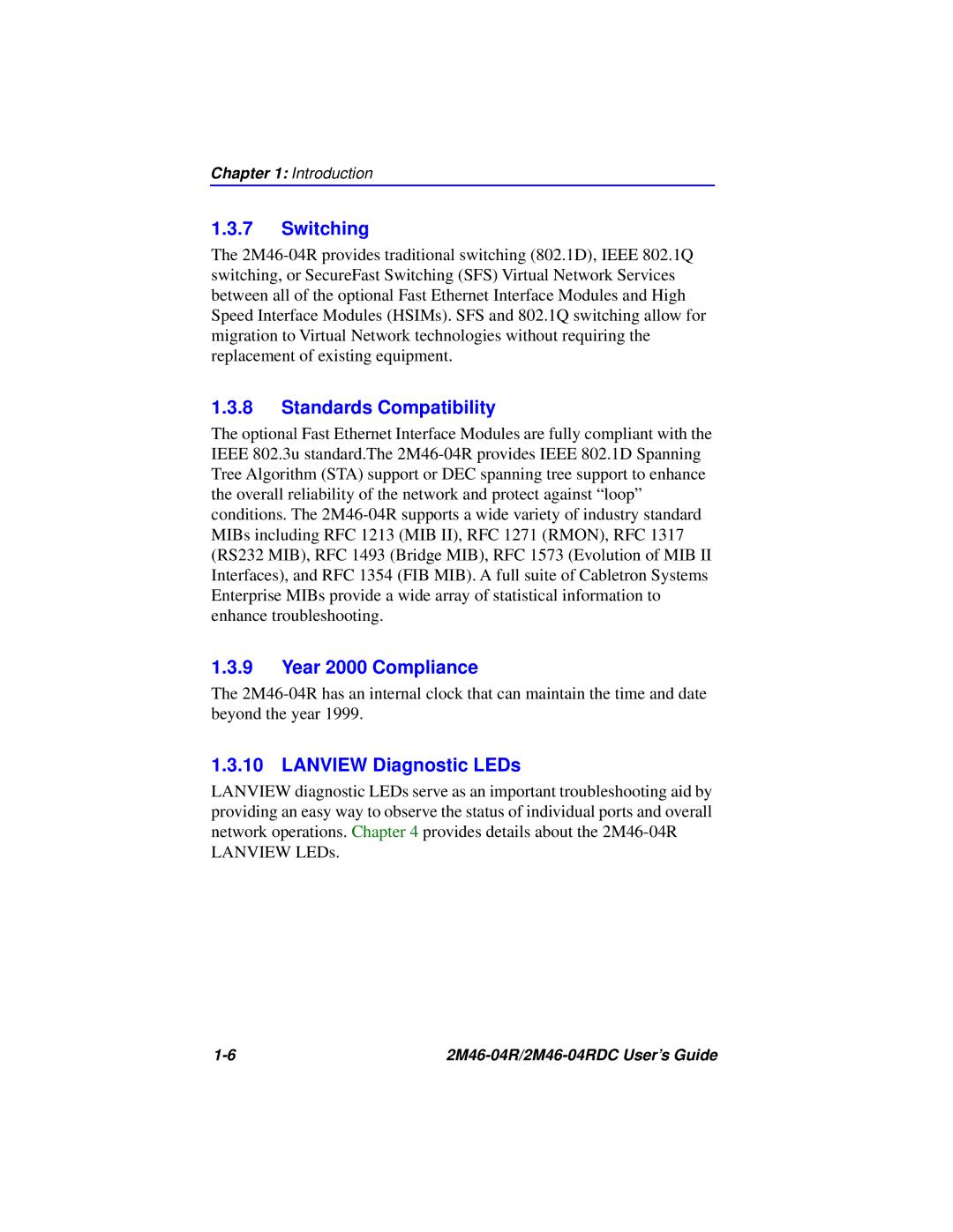 Cabletron Systems pmn manual Switching, Standards Compatibility, Year 2000 Compliance, Lanview Diagnostic LEDs 