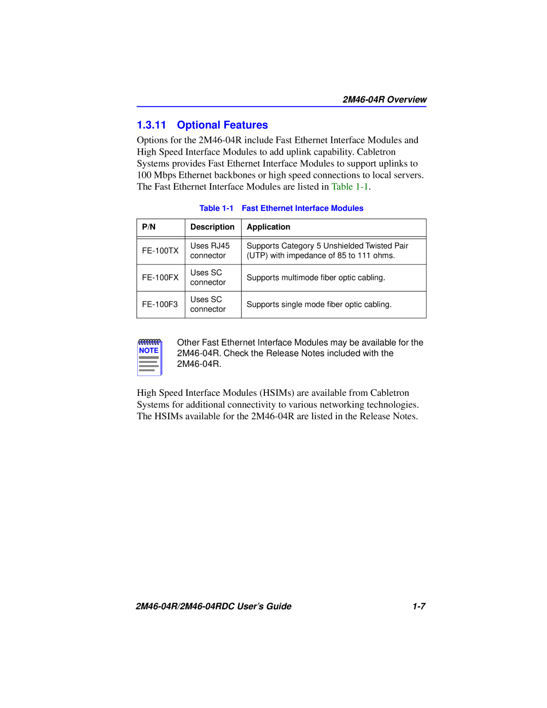 Cabletron Systems pmn manual Optional Features, Fast Ethernet Interface Modules 