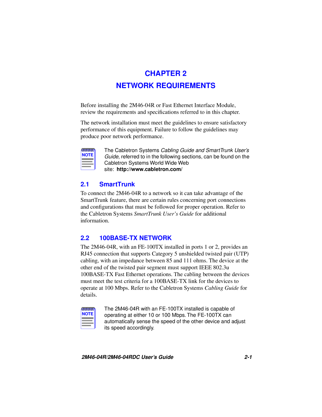 Cabletron Systems pmn manual Chapter Network Requirements, 100BASE-TX Network 