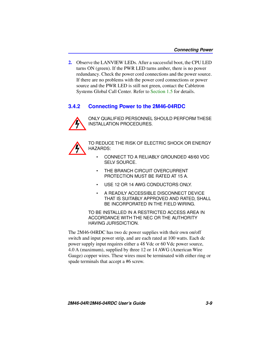 Cabletron Systems pmn manual Connecting Power to the 2M46-04RDC 