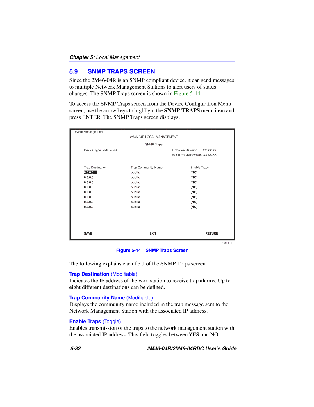 Cabletron Systems pmn manual Snmp Traps Screen, 2M46-04R Local Management 