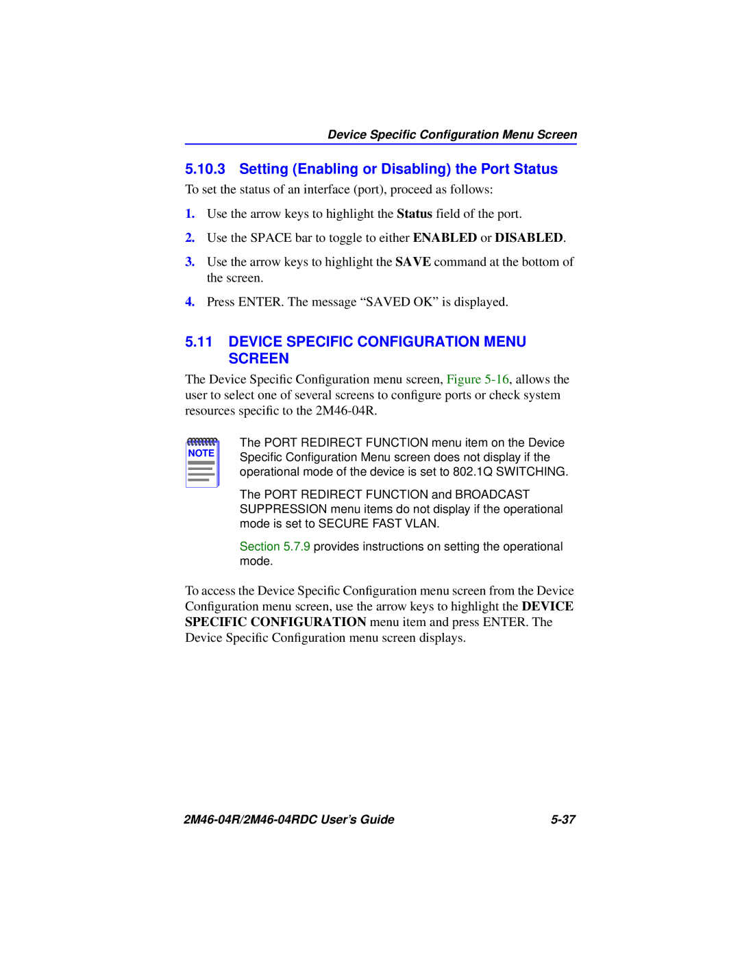 Cabletron Systems pmn manual Setting Enabling or Disabling the Port Status, Device Specific Configuration Menu Screen 