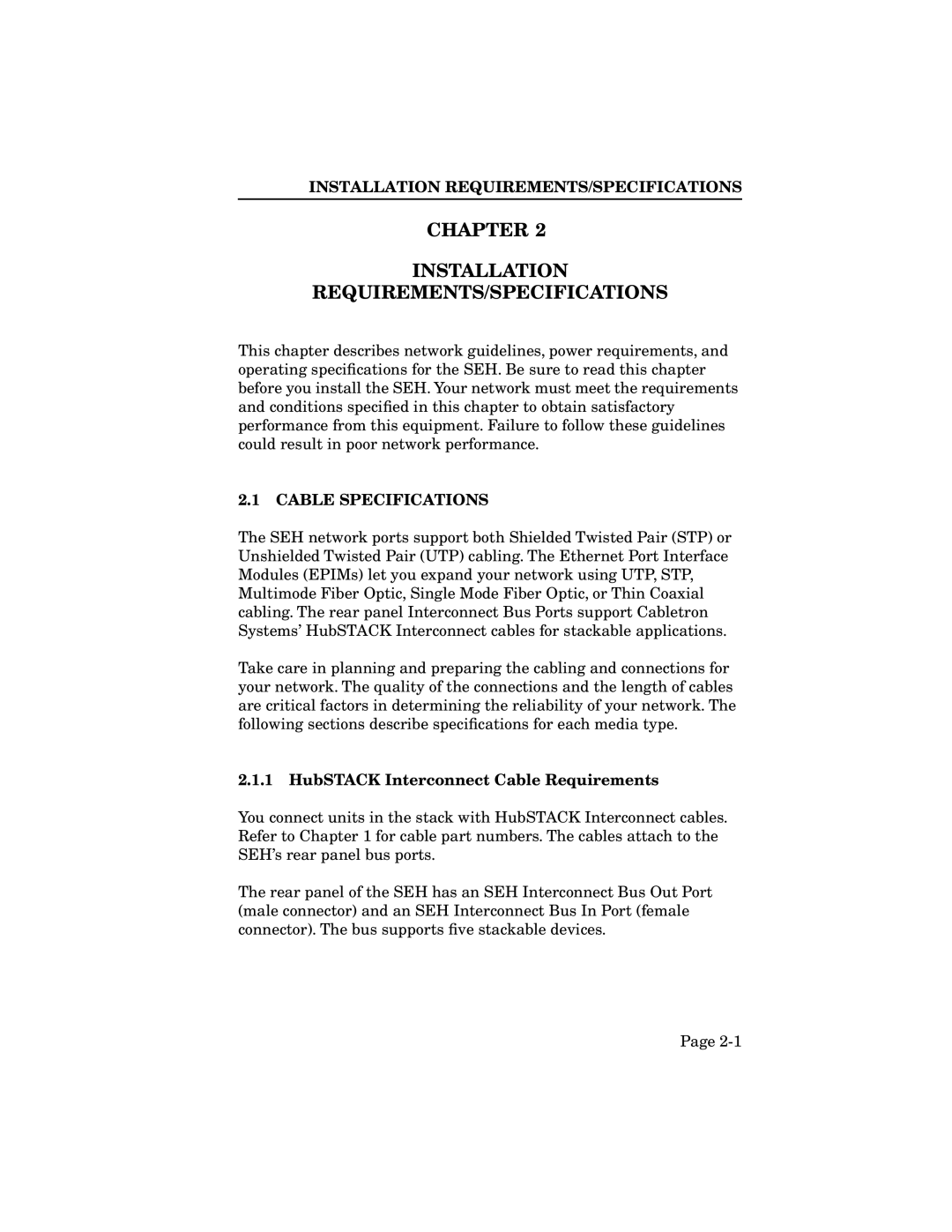 Cabletron Systems SEH-34, SEH-32, SEH-24 manual Cable Specifications, HubSTACK Interconnect Cable Requirements 