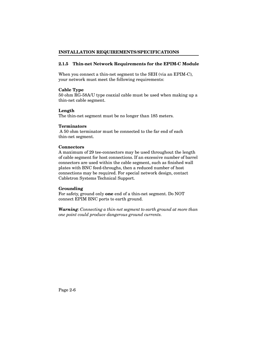 Cabletron Systems SEH-32, SEH-34 Thin-net Network Requirements for the EPIM-C Module, Cable Type, Terminators, Connectors 