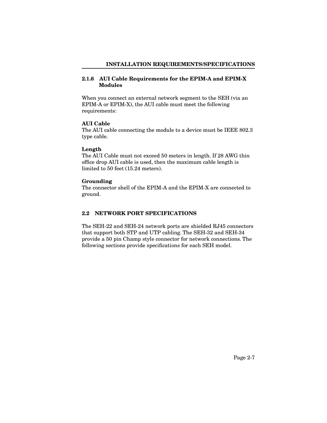 Cabletron Systems SEH-34, SEH-32 AUI Cable Requirements for the EPIM-A and EPIM-X Modules, Network Port Specifications 