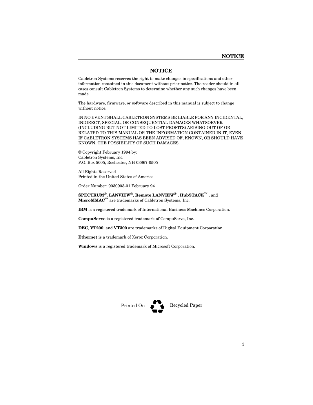 Cabletron Systems SEH-24, SEH-32, SEH-34 manual Printed On Recycled Paper 