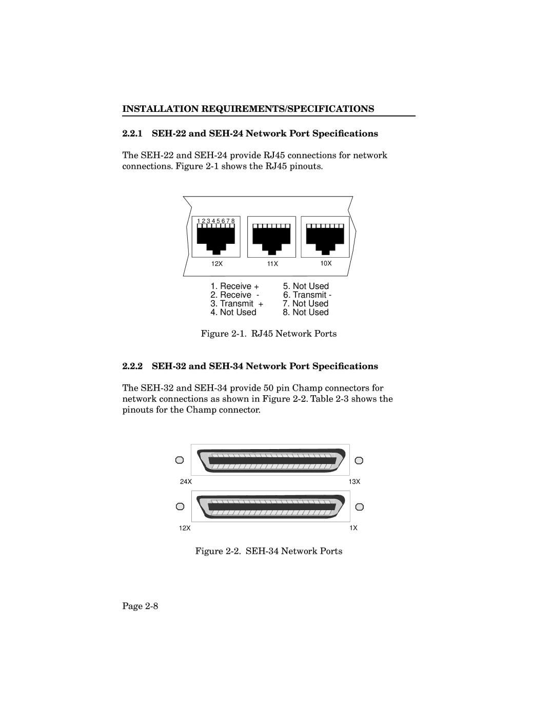 Cabletron Systems manual SEH-22 and SEH-24 Network Port Speciﬁcations, SEH-32 and SEH-34 Network Port Speciﬁcations 