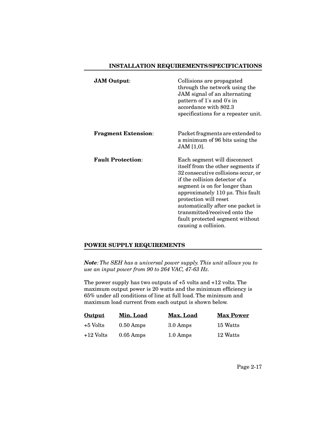 Cabletron Systems SEH-24, SEH-32, SEH-34 manual JAM Output, Fragment Extension, Fault Protection, Power Supply Requirements 