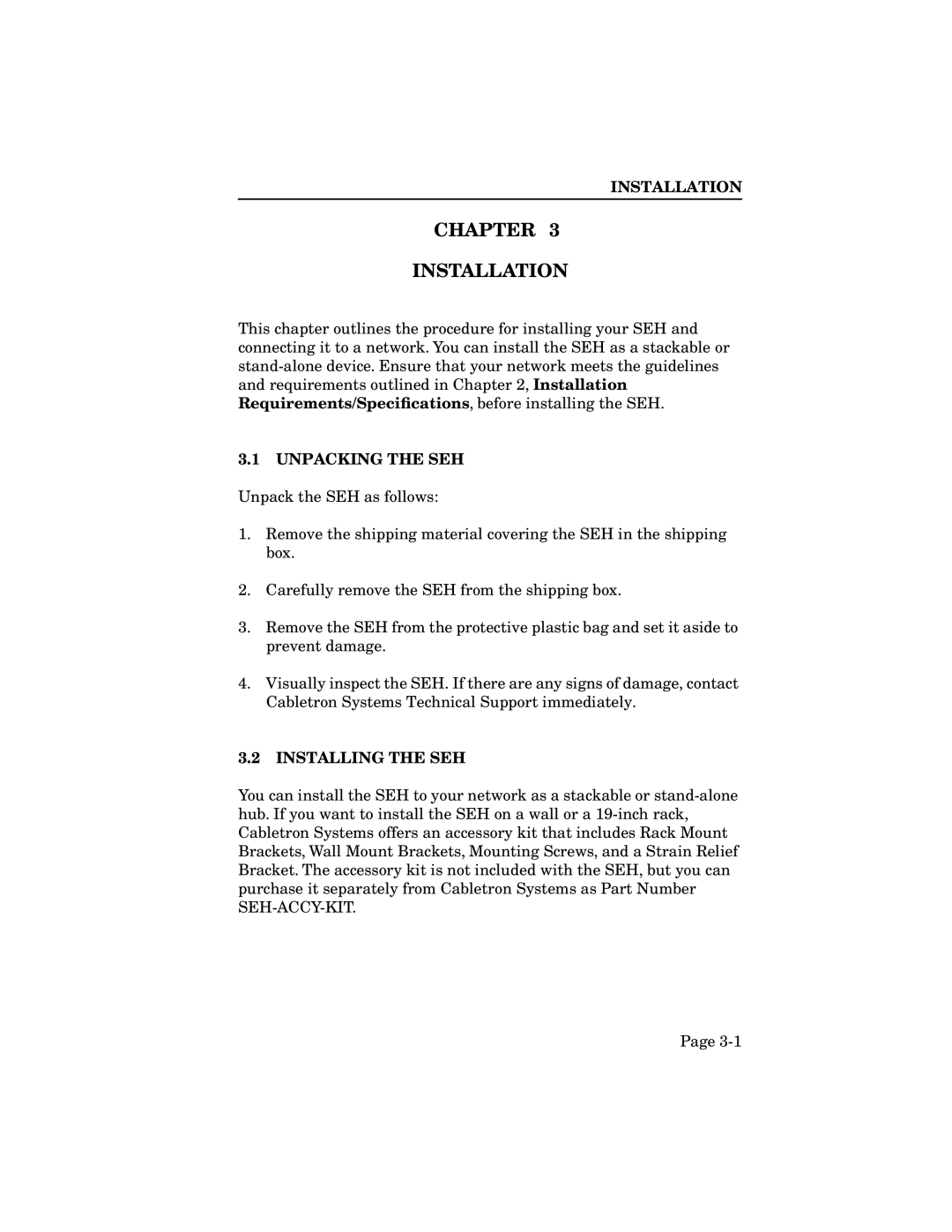 Cabletron Systems SEH-34, SEH-32, SEH-24 manual Unpacking the SEH, Installing the SEH 