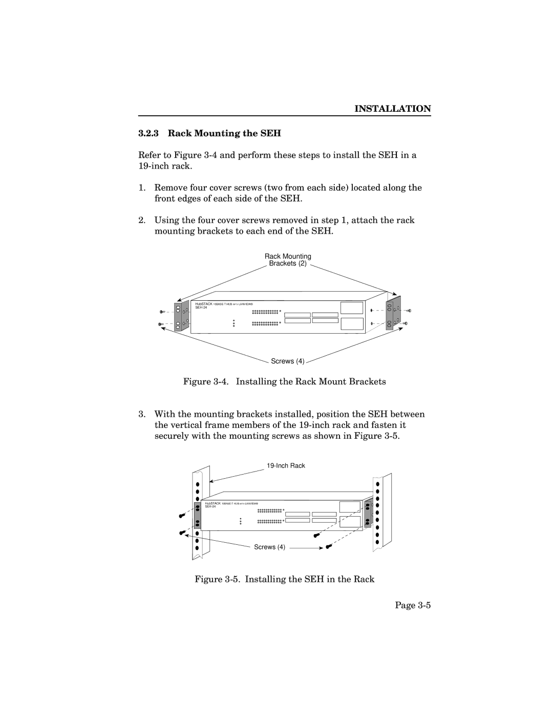 Cabletron Systems SEH-24, SEH-32, SEH-34 manual Rack Mounting the SEH, Installing the SEH in the Rack 