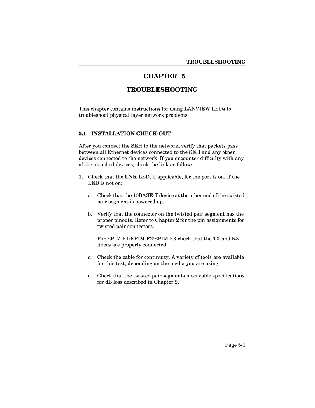 Cabletron Systems SEH-32, SEH-34, SEH-24 manual Chapter Troubleshooting, Installation CHECK-OUT 