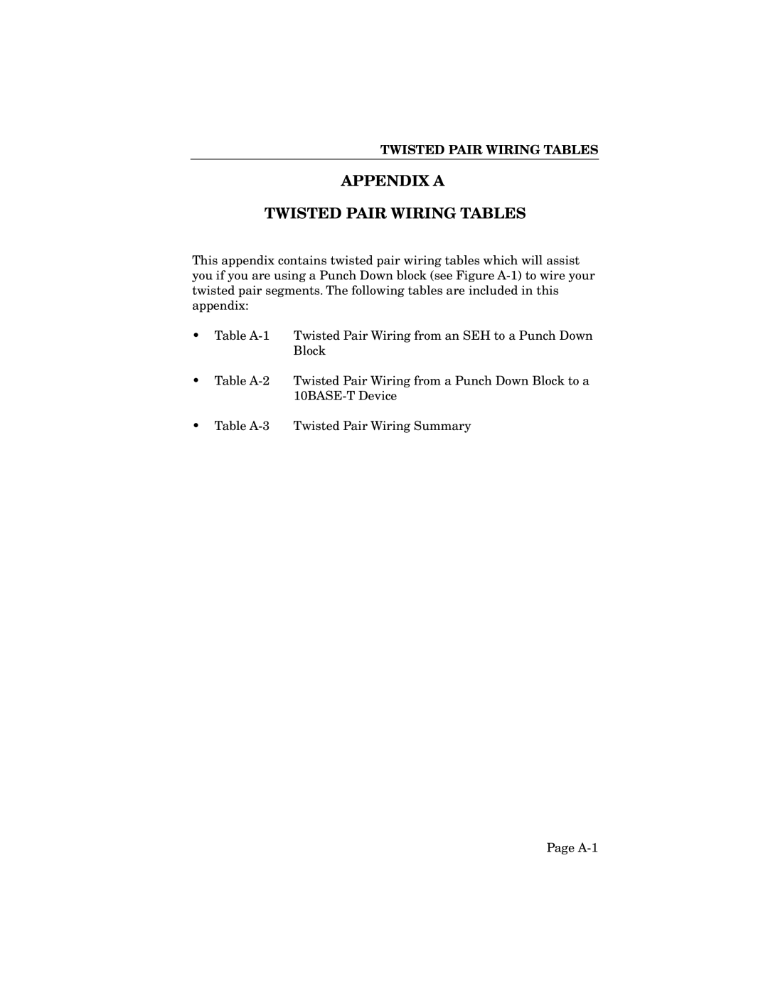 Cabletron Systems SEH-34, SEH-32, SEH-24 manual Appendix a Twisted Pair Wiring Tables 