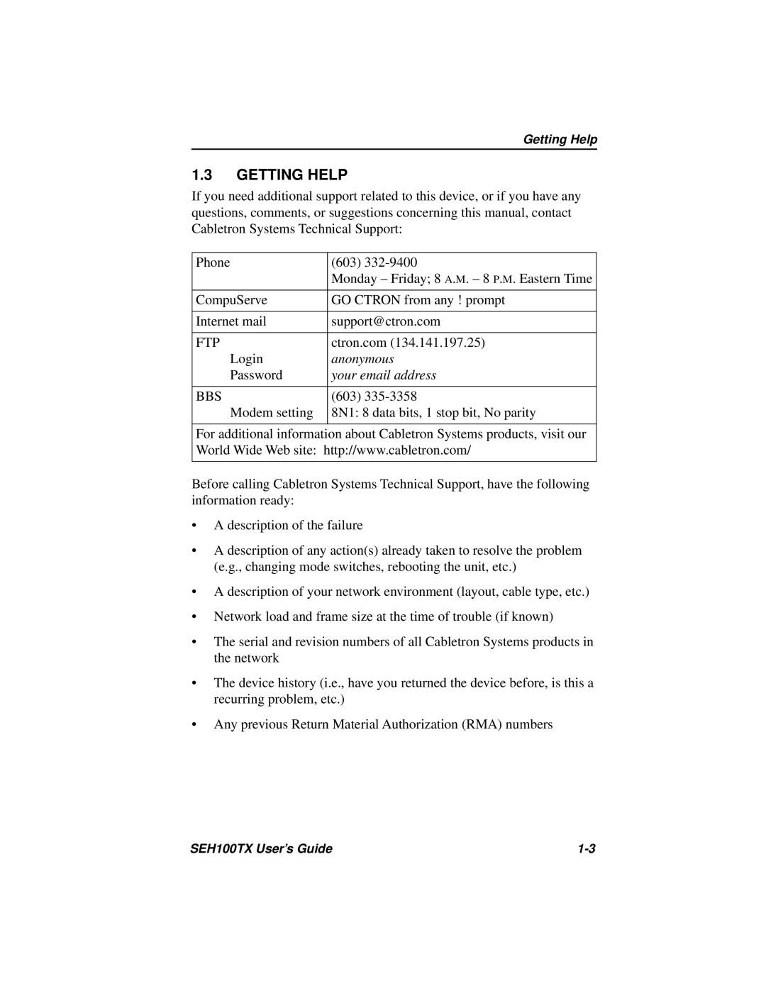 Cabletron Systems SEH100TX-22 manual Getting Help, Your email address 