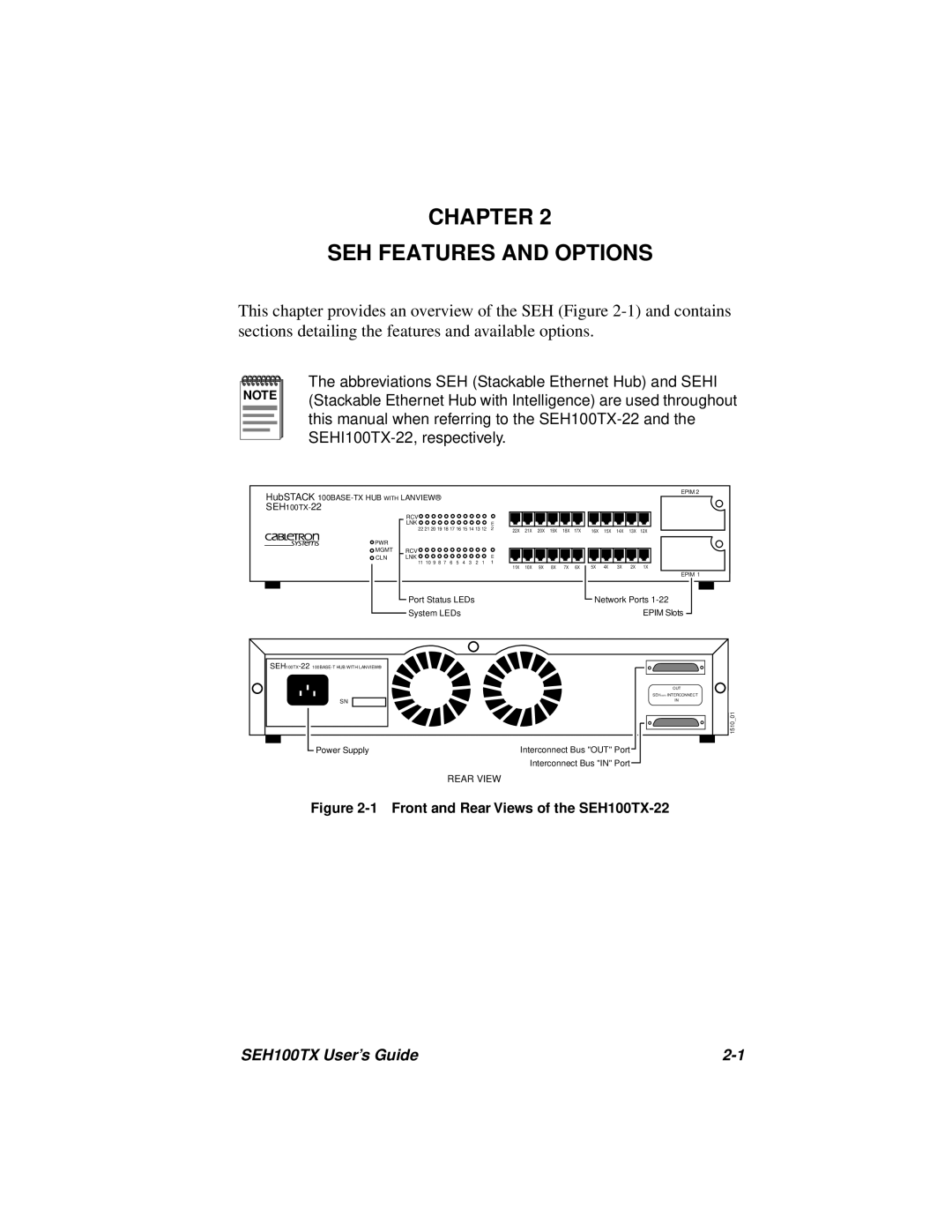 Cabletron Systems manual Chapter SEH Features and Options, HubSTACK 100BASE-TX HUB with Lanview SEH100TX-22 