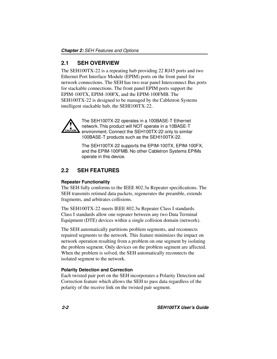 Cabletron Systems SEH100TX-22 manual SEH Overview, SEH Features 