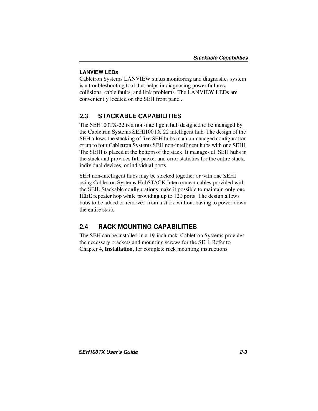 Cabletron Systems SEH100TX-22 manual Stackable Capabilities, Rack Mounting Capabilities 