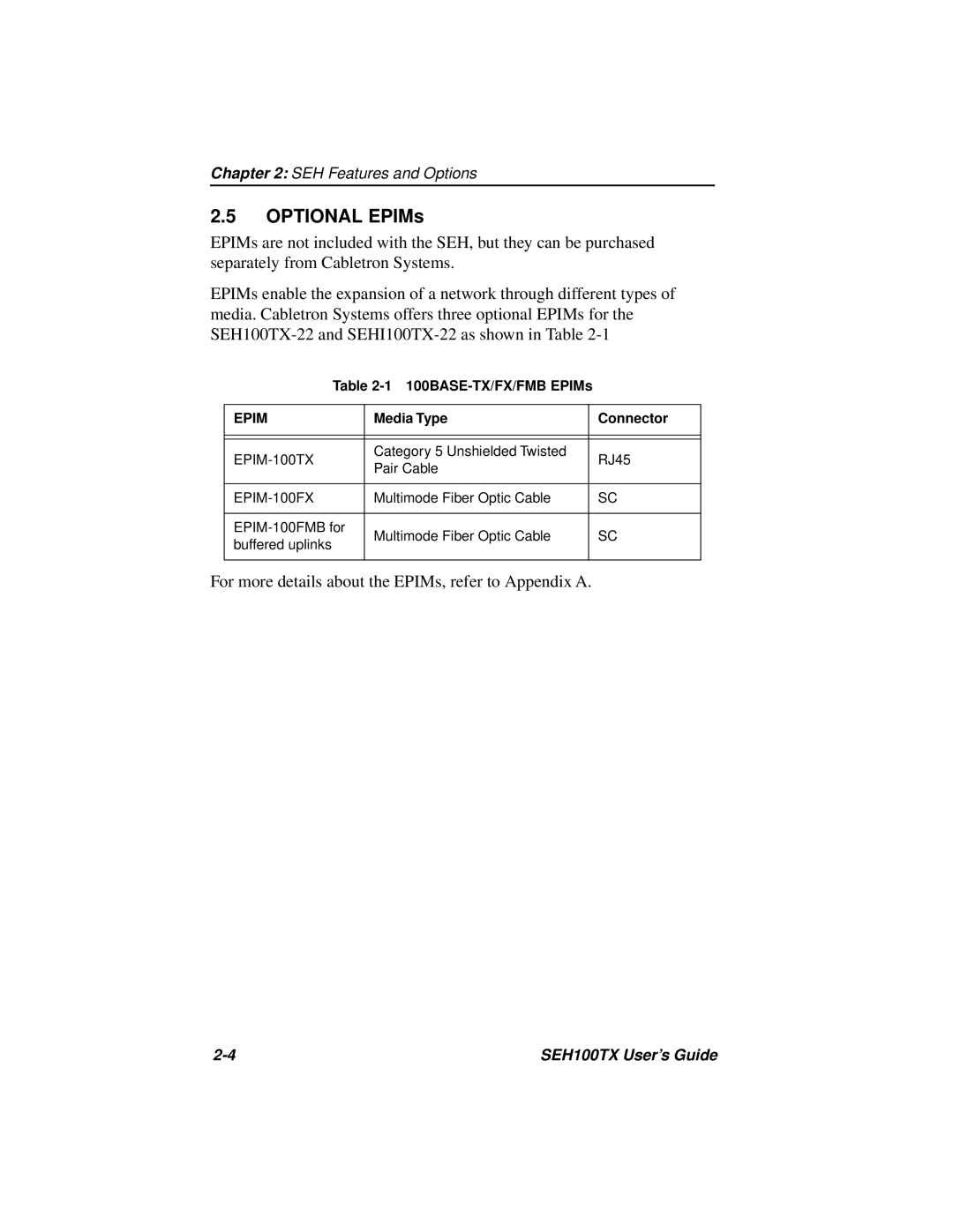 Cabletron Systems SEH100TX-22 manual Optional EPIMs, Epim 