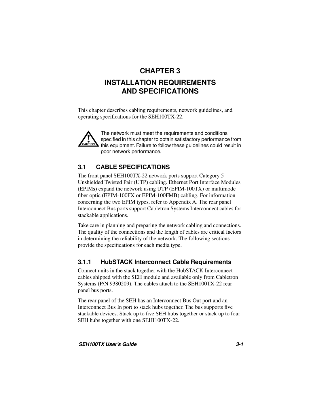 Cabletron Systems SEH100TX-22 manual Chapter Installation Requirements Specifications, Cable Specifications 