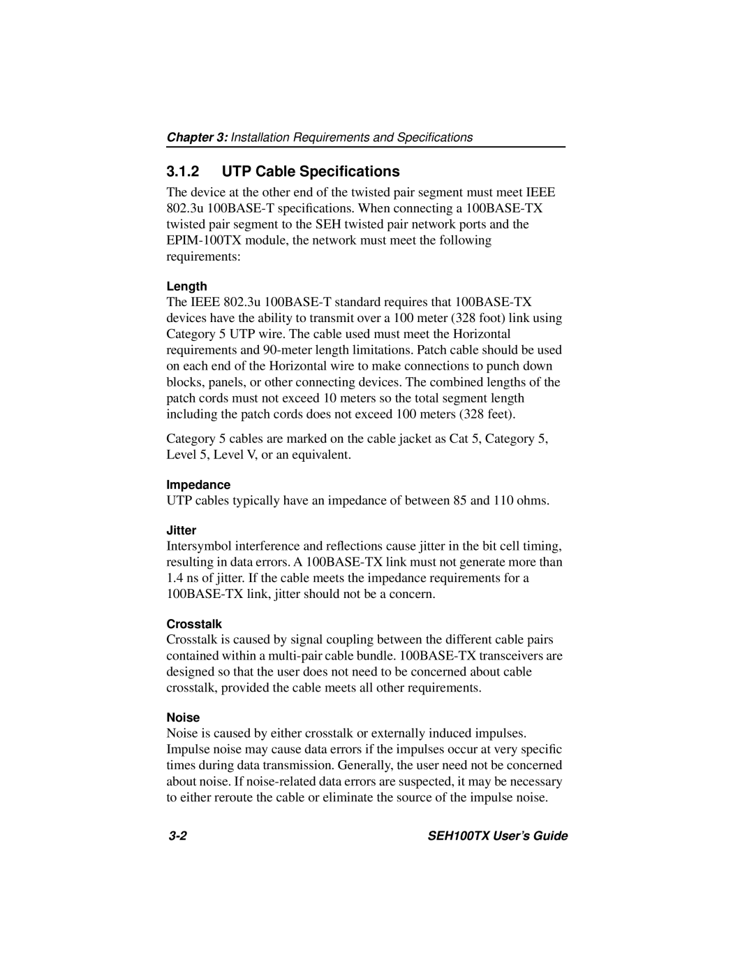 Cabletron Systems SEH100TX-22 manual UTP Cable Speciﬁcations 