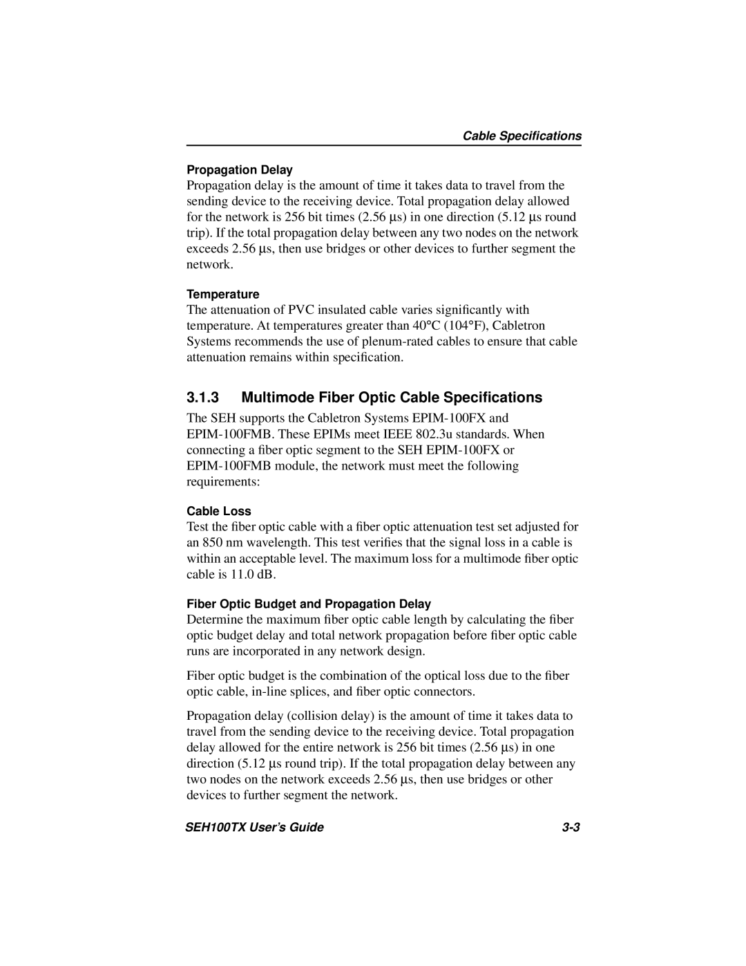 Cabletron Systems SEH100TX-22 manual Multimode Fiber Optic Cable Speciﬁcations 