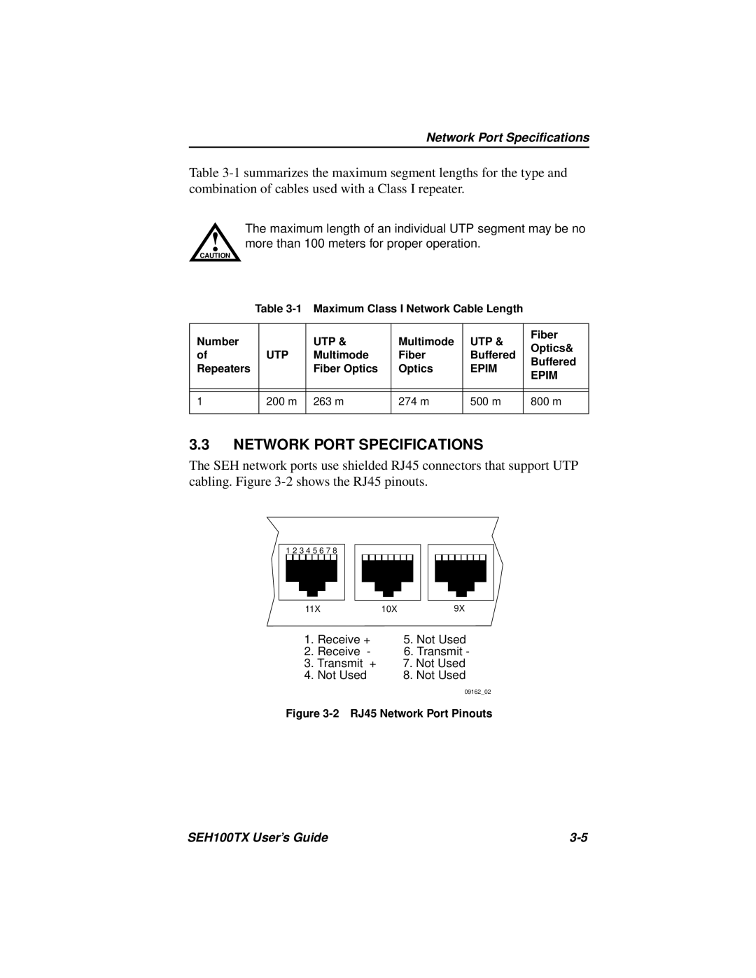 Cabletron Systems SEH100TX-22 manual Network Port Specifications, RJ45 Network Port Pinouts 