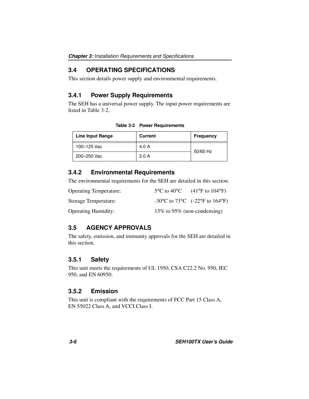 Cabletron Systems SEH100TX-22 manual Operating Specifications, Agency Approvals 