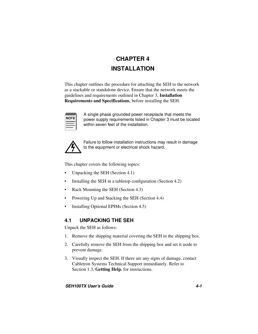 Cabletron Systems SEH100TX-22 manual Chapter Installation, Unpacking the SEH 