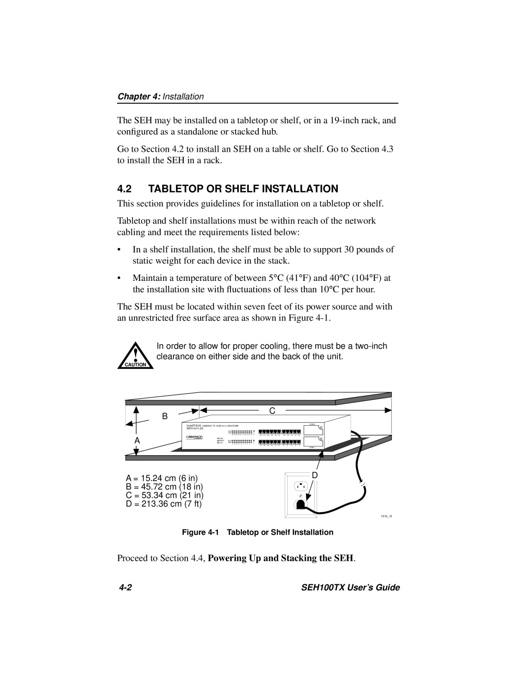 Cabletron Systems manual Tabletop or Shelf Installation, HubSTACK 100BASE-TX HUB with Lanview SEH100TX-22 