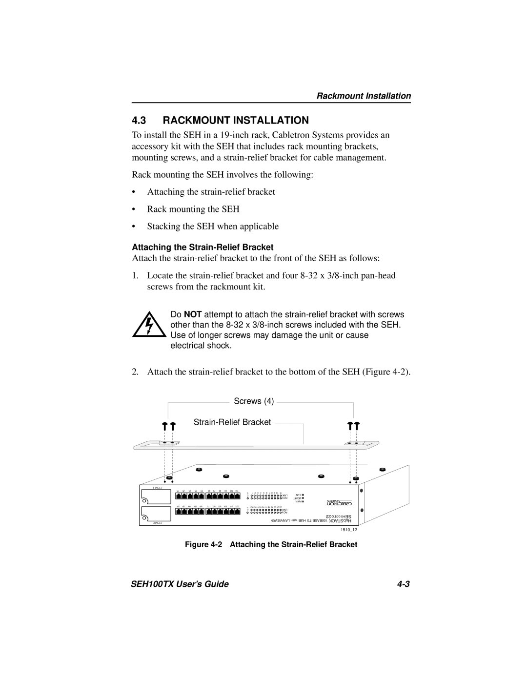 Cabletron Systems SEH100TX-22 manual Rackmount Installation, Screws Strain-Relief Bracket 